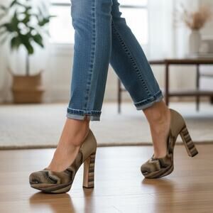 Bohemian "Dianna Beige" Brown Embroidered Boho Platform Heels ~ Women's Size 8